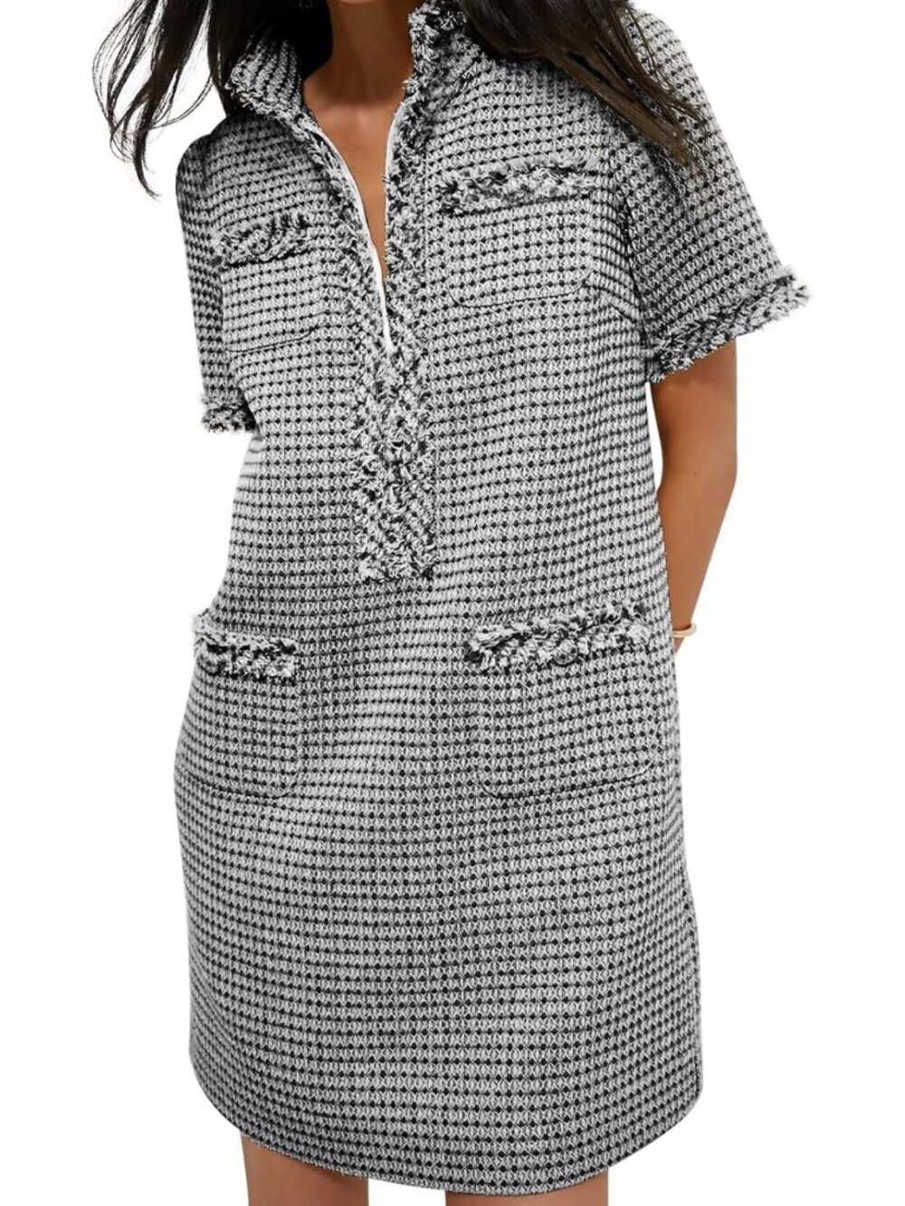 Elegant Women's Tweed Mini Dress | V-Neck, Short Sleeve, Business Casual 2026